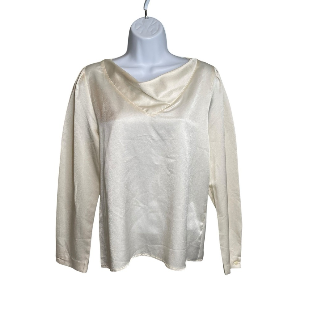 VTG 80s Pierre Cardin Ivory Satin Cowl-Neck Blouse Sz 8 Long Sleeve Silk-Look